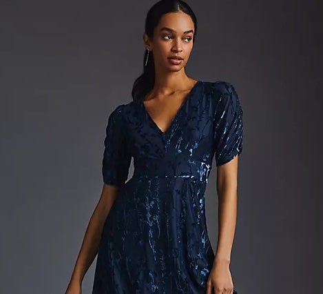 Anthropologie blue velvet on sale dress